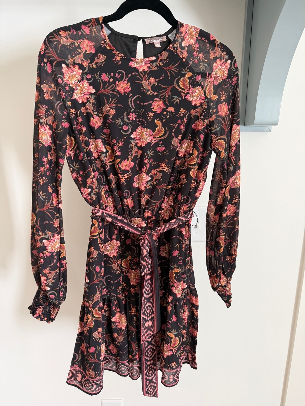 Black Floral Tie-Waist Long Sleeve Mini Dress - Pink Floral